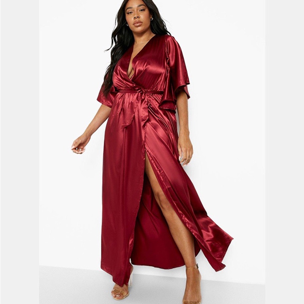 Angel sleeves Satin Wrap Maxi Dress in Burgundy